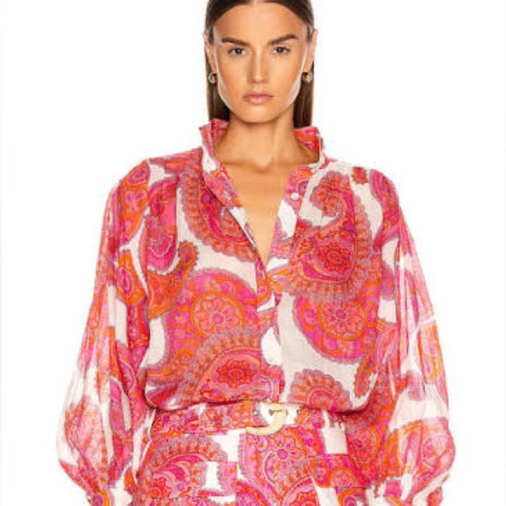 NWT! Zimmermann Peggy Orange/Pink Paisley Linen Button Down Long Sleeve Blouse - Picture 4 of 11